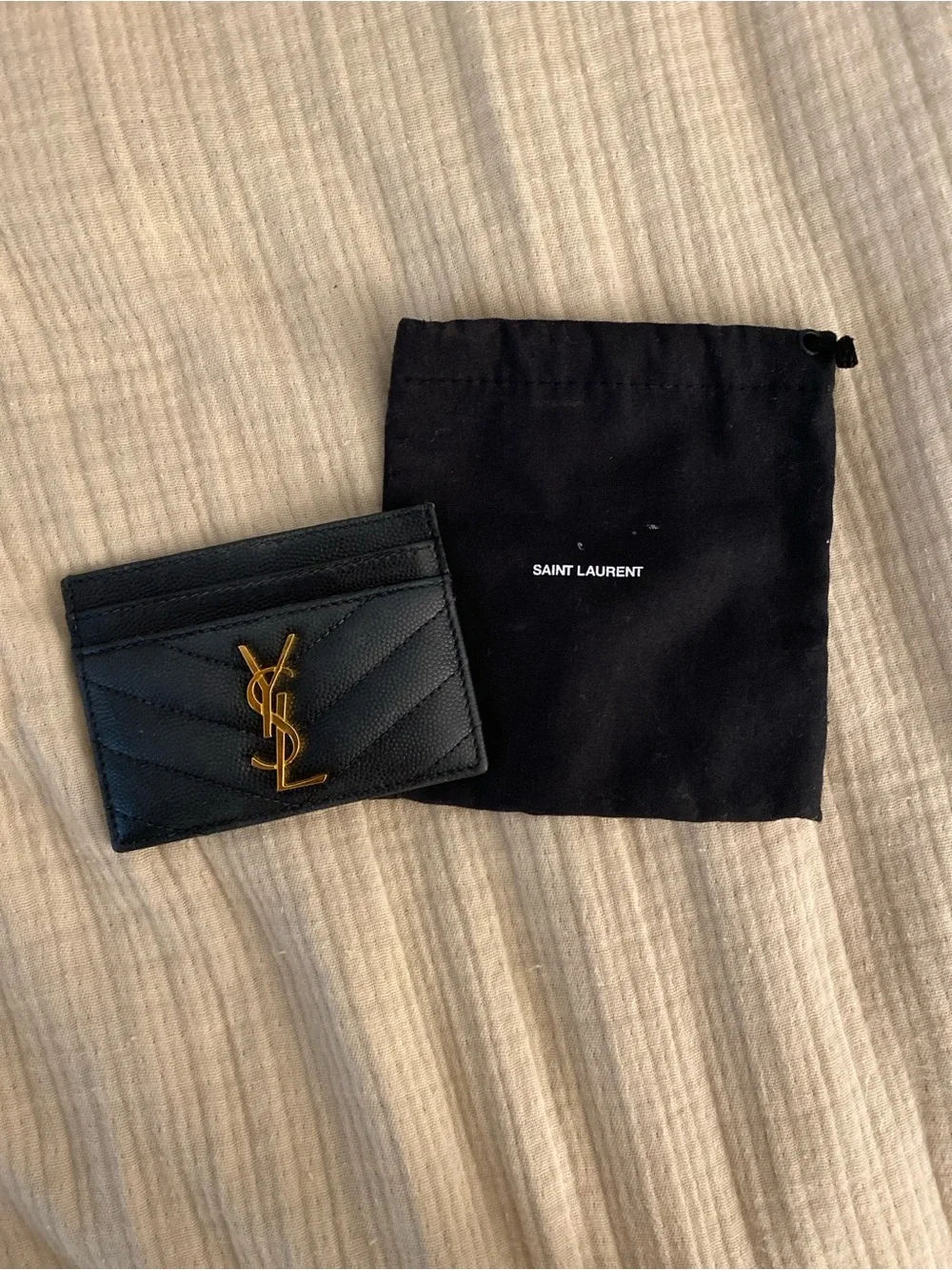 Yves Saint Laurent (YSL) Black Quilted Leather Card Holder with Gold YSL Logo